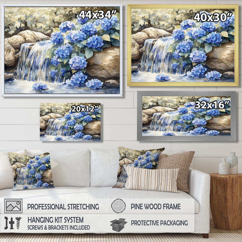«Inanna Hydrangeas By The Waterfall III - Hydrangea», art mural, Reproduction encadrée d'une seule photo, H 30 po x l 40 po