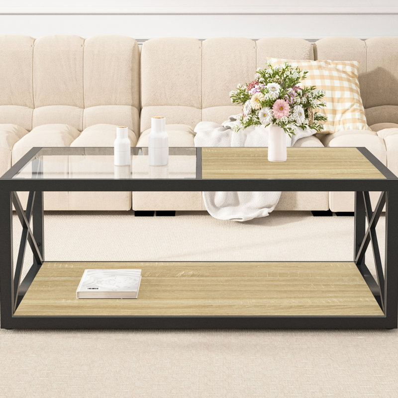 Table basse de style industriel en verre et bois pour l'ambiance de la chambre à coucher, petits objets fonctionnels avec demi-planche de bois, bureau, nettoyage à faible effort