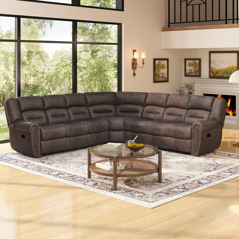 Mamata Classic and Overstuffed Soft Faux Leather Manual Reclining Corner Sectional, Gray Performance Faux Leather