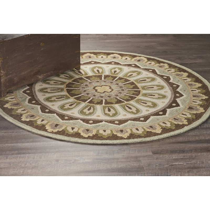 Tapis rond vert / jaune en laine touffeté à la main Southwestern Owensboro, Rond 6 pi