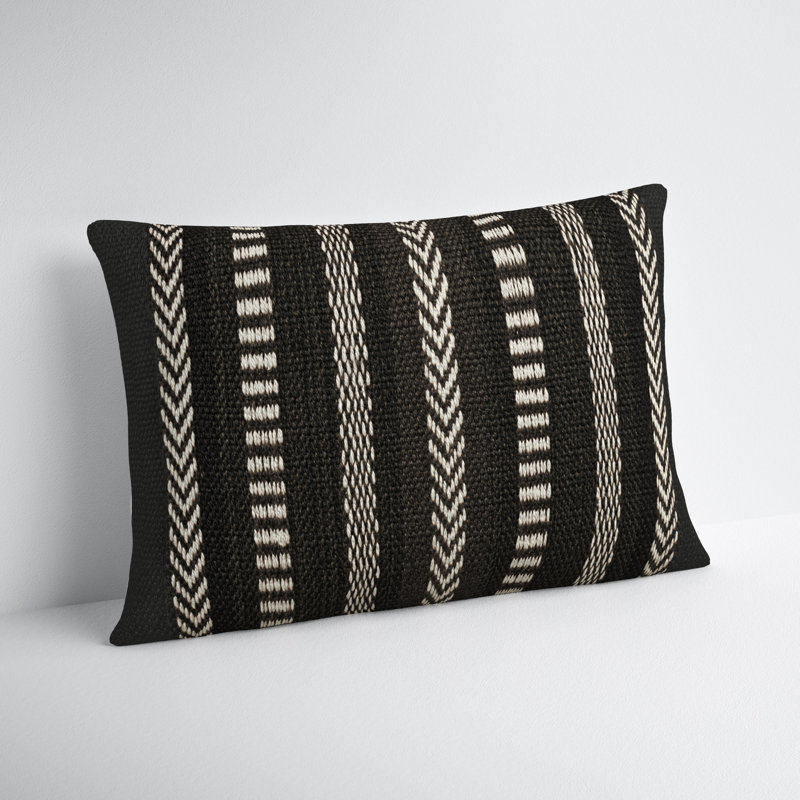 Positano Embroidered Indoor/Outdoor Lumbar Pillow Cover, Polyester/Polyfill, Black/Ivory