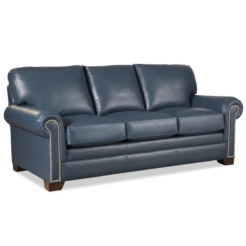  Fardeen 86" Genuine Leather Round Arm Sofa, Blue Genuine Leather