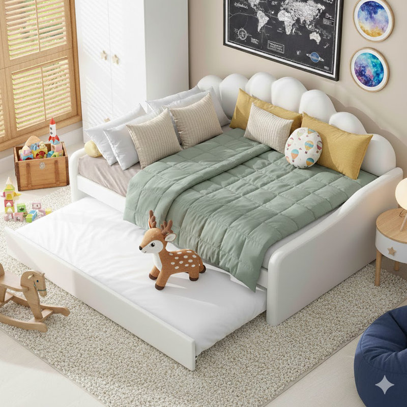 Full Size Upholstery Daybed Frame with Trundle, Beige