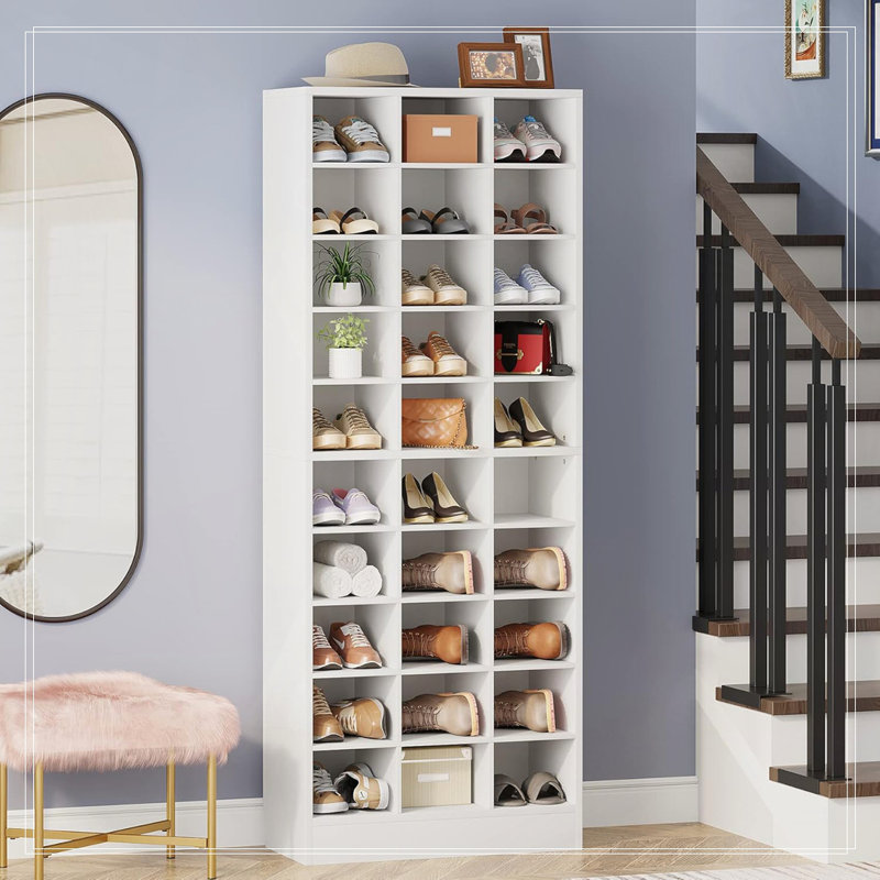 25.6 Inches 10-Tier White Wooden Shoe Storage Cabinet, Modern 30-Cubby Wooden Shoe Rack Organizer, White