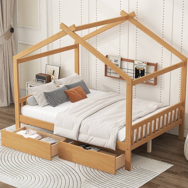 House Platform Bed with Two Drawers,Headboard and Footboard, Roof Design, Naturel