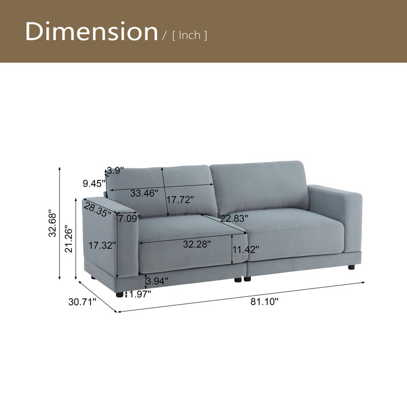 Canapé à accoudoirs carrés modernes 81 po avec revêtement en tissu doux et coussins profonds, Gris