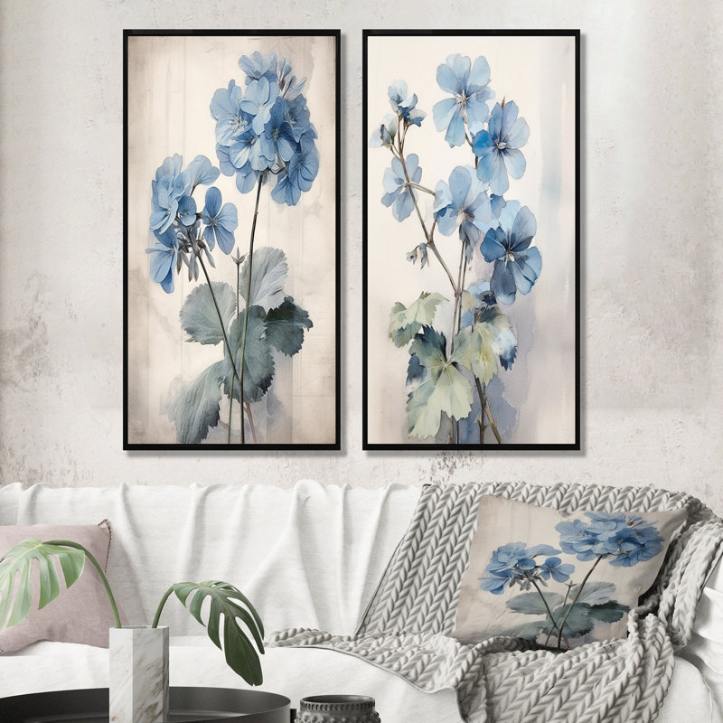 Ensemble de 2 décorations murales bleues et géraniums bleues et blanches, H 40 po x l 41 po, Cadre noir