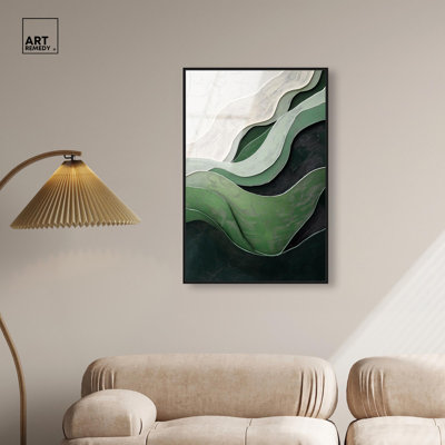 «Green Echoes I», art mural en verre acrylique ultrabrillant encadré par Art Remedy, cadre noir, 24 x 36