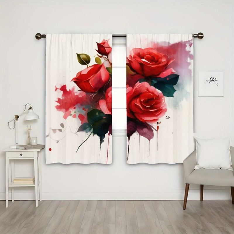 2Pcs Watercolor Red Rose Curtains, Artistic Floral Pattern, Rod Pocket Window Drapes, Romantic Flower Theme, Living Room Bedroom Study Window Decor