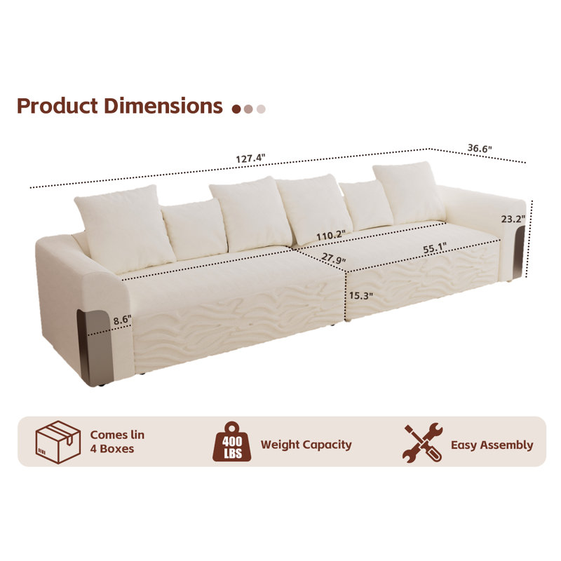 127.4'' Wide Chenille Armed Upholstered Modular Sofa, White