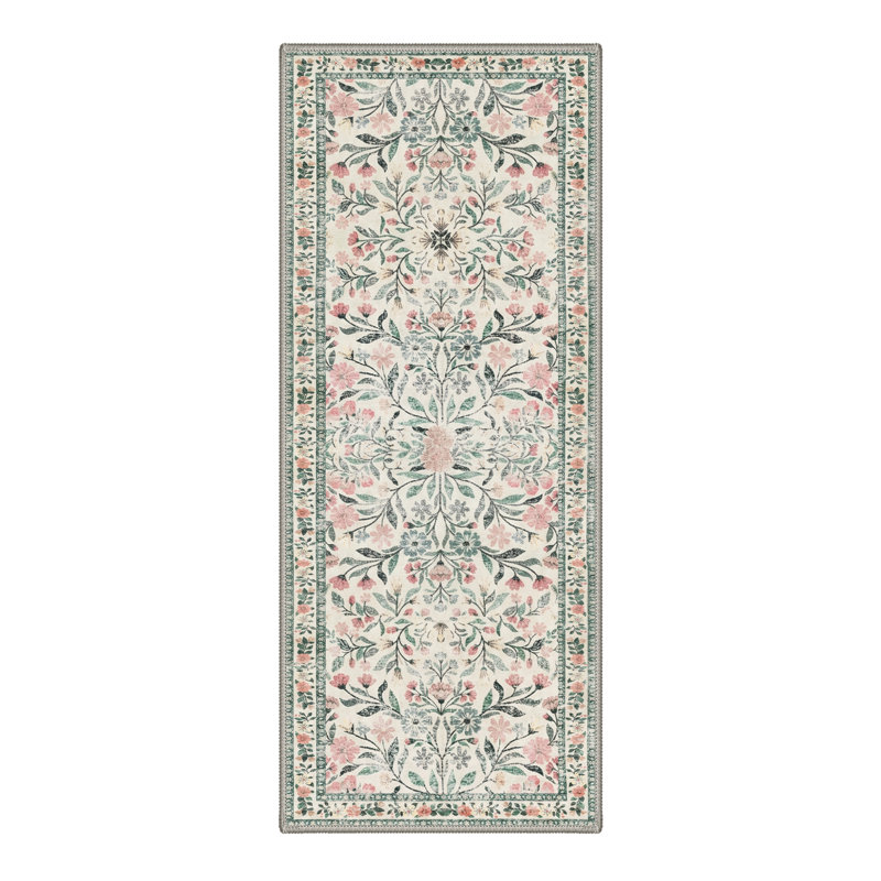 Verdant Floral Vines Machine Washable Green / Pink / Beige Indoor Area Rug with Non-Slip Backing, Runner 2'5" x 8'