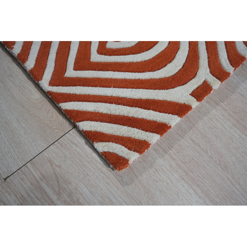Ivory and Orange Geometric Hand-Tufted Wool Rug