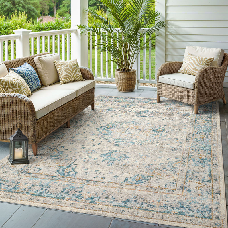 Arjay Vintage Center Medallion Grey/Teal Indoor-Outdoor Rug, Rectangle 6'7" x 9'4"