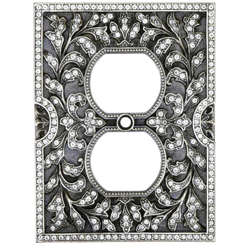 DOUBLE OUTLET SWITCH COVER; CLEAR DECORATED WITH SWAROVSKI CRYSTALS; IN BURNISHED SILVER