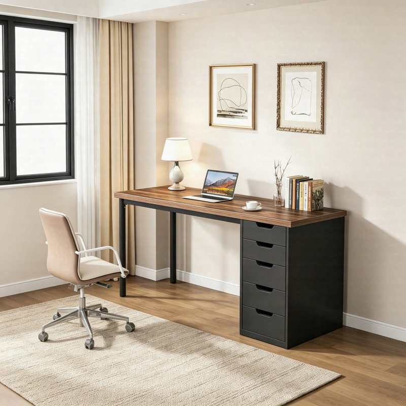 Bureau d'ordinateur 47 po à 5 tiroirs, bureau compact à domicile avec rangement, Brun / Noir