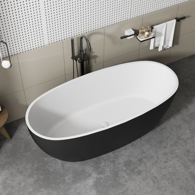 70.9 In. X 30.7 In. Solid Surface Freestanding Flatbottom Soaking Bathtub With Drain In Black And White