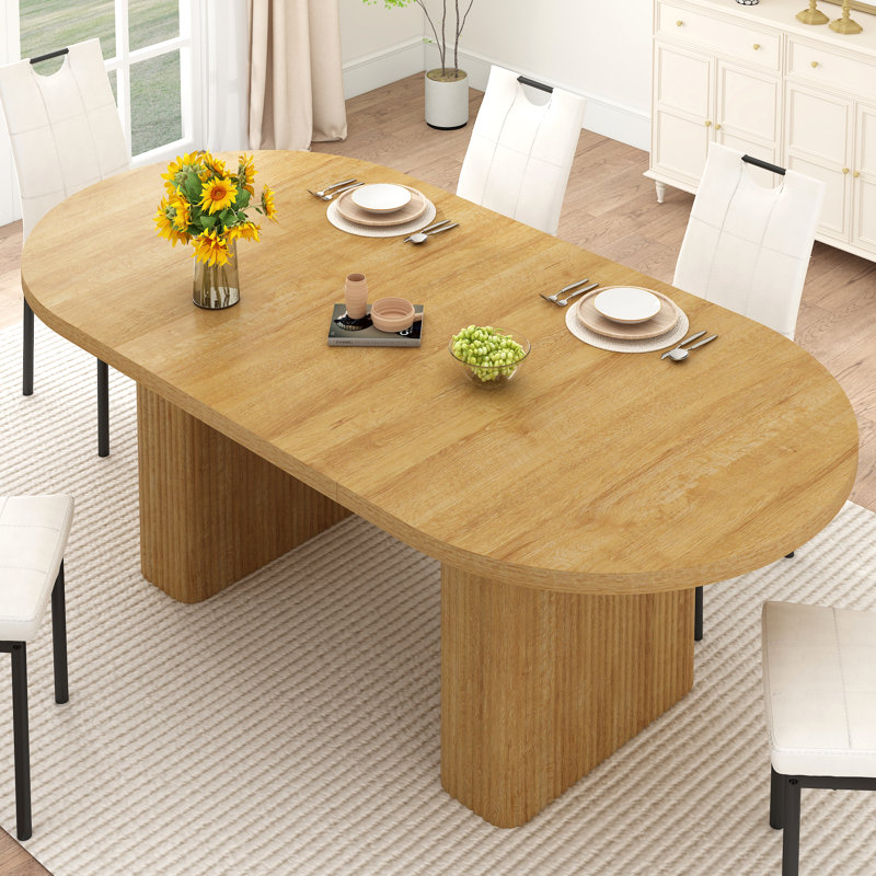 70.8 In Dining Table For 4-6, Modern Kitchen Table With Waterproof Wood Tabletop, Natural Rectangular Farmhouse Long Dining Room Tables With Foot Pads & Wood Strip Base For Kitchen Living Room