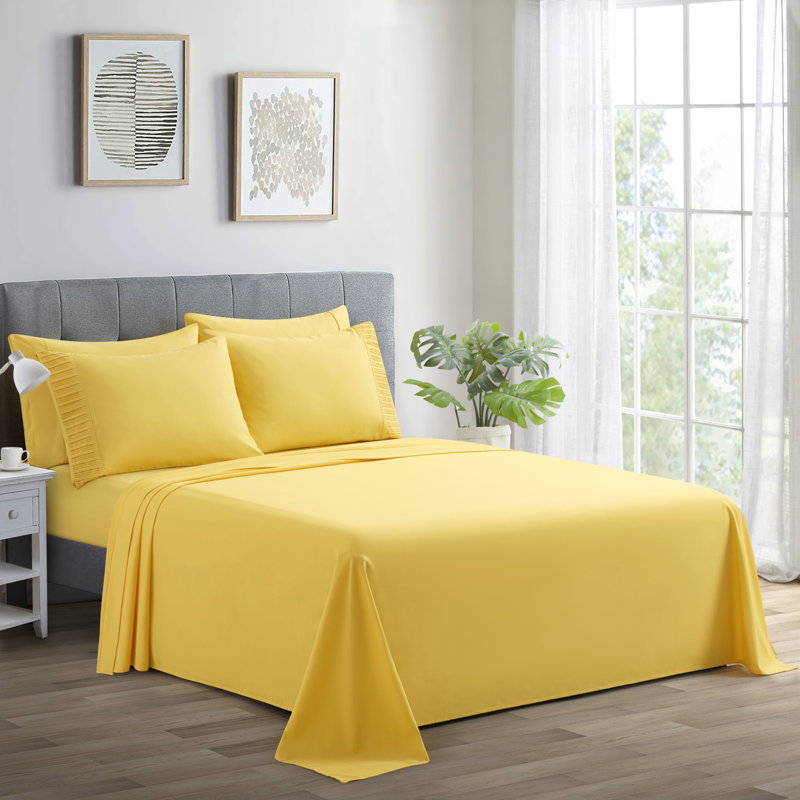  Ensemble de draps ultra doux et soyeux, Ensemble de draps pour grand lit avec 4 taies d'or, Jaune