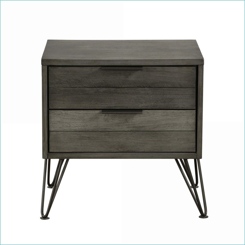 Modern 2-Drawer Nightstand with Acacia Veneer & Metal Legs