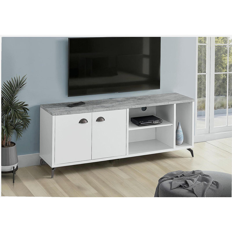Meuble télé, 60 po, console, centre multimédia, armoire de rangement, salon, chambre à coucher, bois composite blanc et gris, métal noir