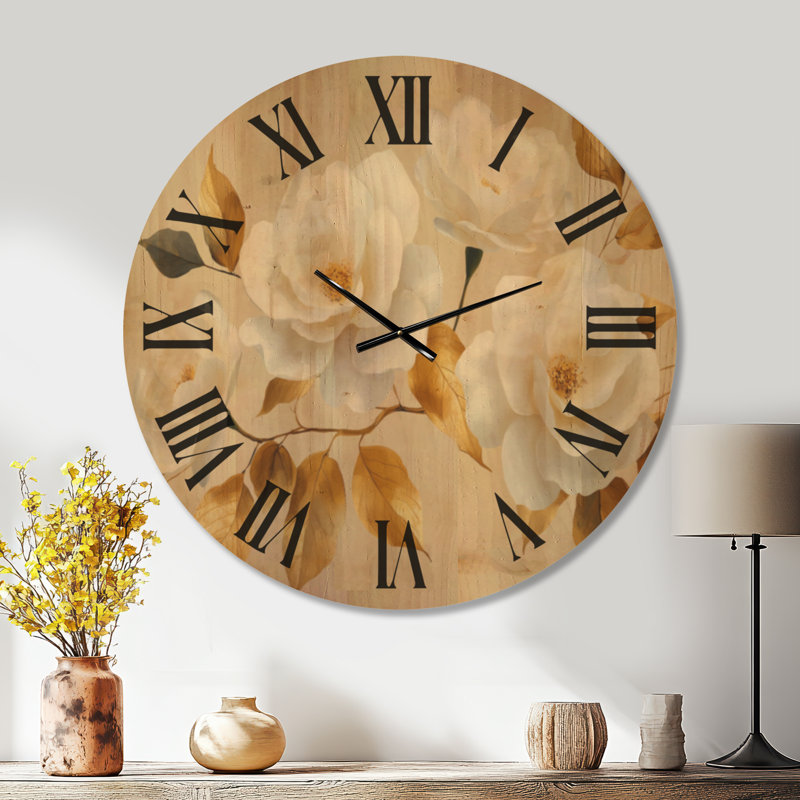 Très grande horloge murale botanique ronde silencieuse en bois - Roses avec feuilles dorées, Oversized