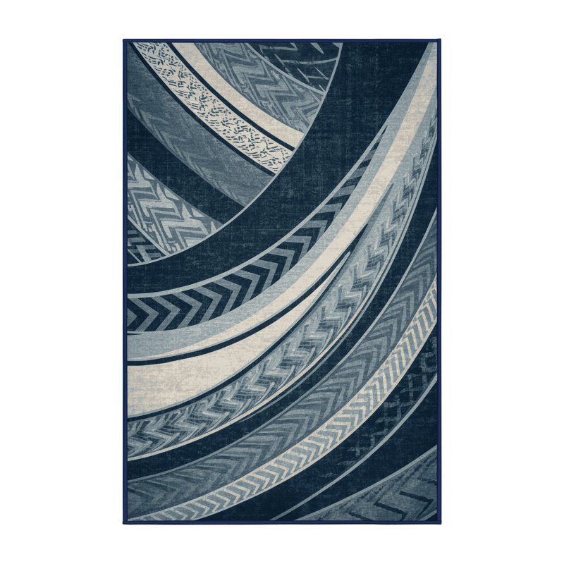 Machine Washable Hamilton Tawhiri Art Deco Arc Rug in Gray – Navy Binding, 6x9
