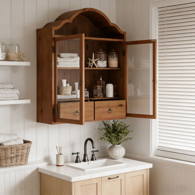 Solid Wood Wall Cabinet with Elegant Wave, Brown