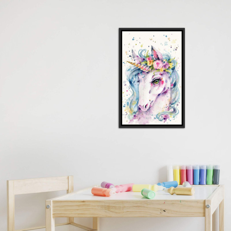 «Little Unicorn» par Sillier Than Sally - reproduction d'art, H 26 po x l 18 po x 1,5 po, Toile encadrée noir délavé