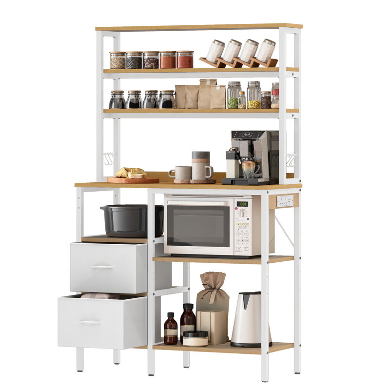  Baking Rack With Power Outlets & Fabric Drawers, Kitchen Shelf For Baking & Coffee Station, White