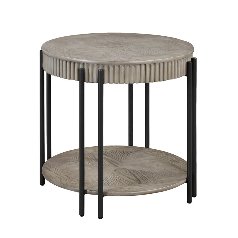 Table de bout ronde contemporaine brun clair brun clair avec pieds en métal à finition noire de rangement et de rangement pour le salon