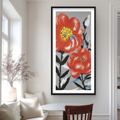 Fleurs roses avec feuilles bleues - reproduction encadrée