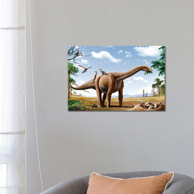 A Rapetosaurus Feeding on Leaves with Rahonavis on Its Back 1 Piece Wrapped Canvas Painting