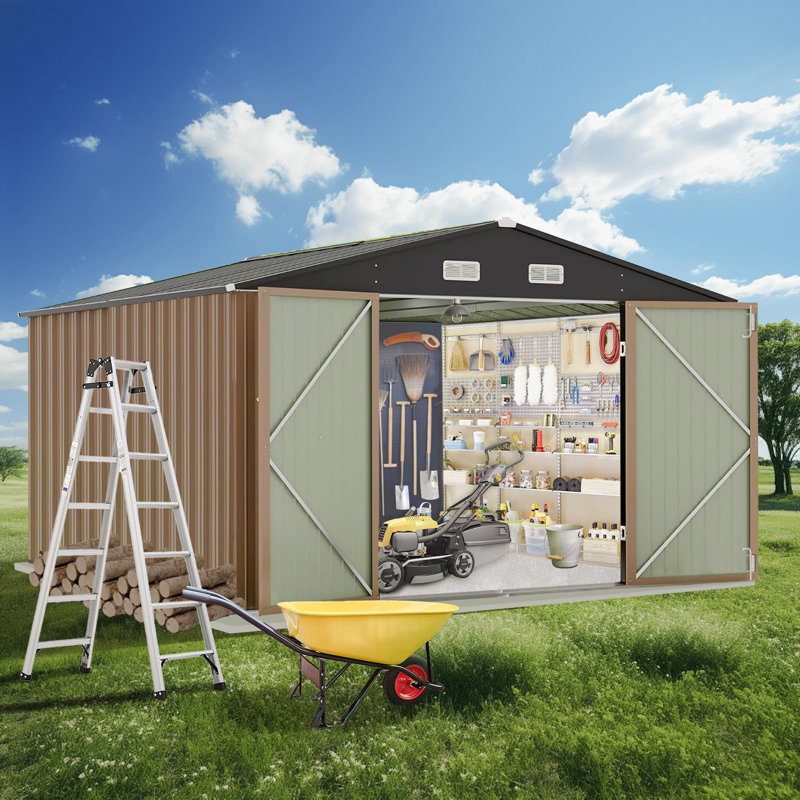 Galvanized Steel Horizontal Storage Shed, Brown, 79.92" H x 143.28" W x 125.16" D