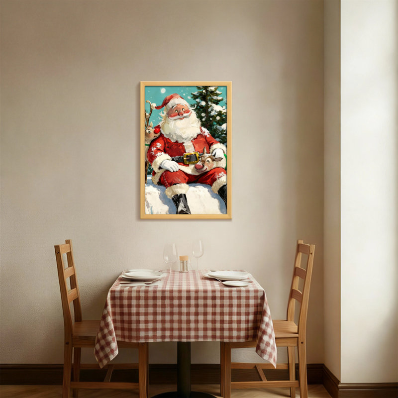 Père Noël avec des rennes dans une scène enneigée, H 18 po x l 12 po