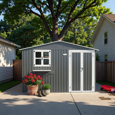 Remise de rangement extérieure en métal 10 pi x 8 pi avec fenêtre et support à fleurs, remise à outils verrouillable à deux portes, remise de jardin imperméable et résistante aux intempéries