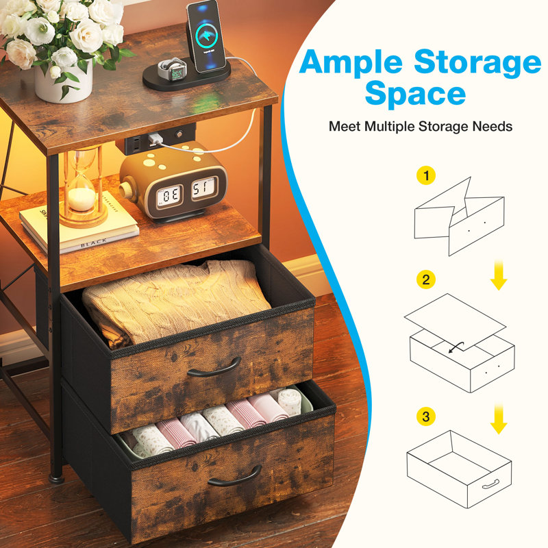 Nightstand With 2 Fabric Drawers,modern Bedside Table With Power Outlets,everyday Side Table With Led Light Strip,end Table With A Large Storage Shelf