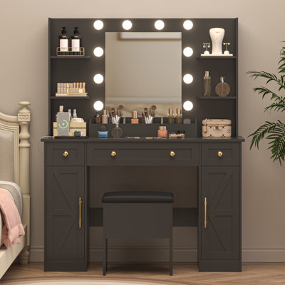 Ensemble de coiffeuse de maquillage Fraydoun, l 42,5 po, 5 tiroirs, 6 tablettes, miroir à DEL réglable et charge, style maison de campagne