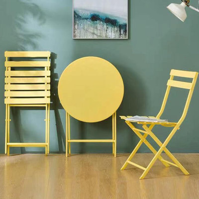 3 Patio Bistro , Yellow - Metal Chairs And Table With Foldable Function For Decks 3 Piece Outdoor Relaxation