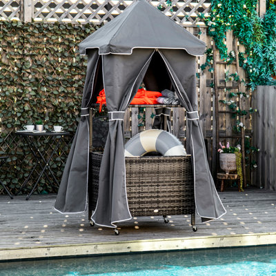 Outdoor Towel By - Covered Poolside Rack With Shelf, Basket, And Rolling Pe , Gray