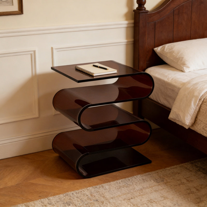 Table d'appoint en forme de S en acrylique, table de bout multifonctionnelle sans assemblage brun ambre avec 4 tablettes de rangement ouvertes, table d'appoint en acrylique de 0,47 po d'épaisseur pour le salon, le canapé, la chambre à coucher et le balcon