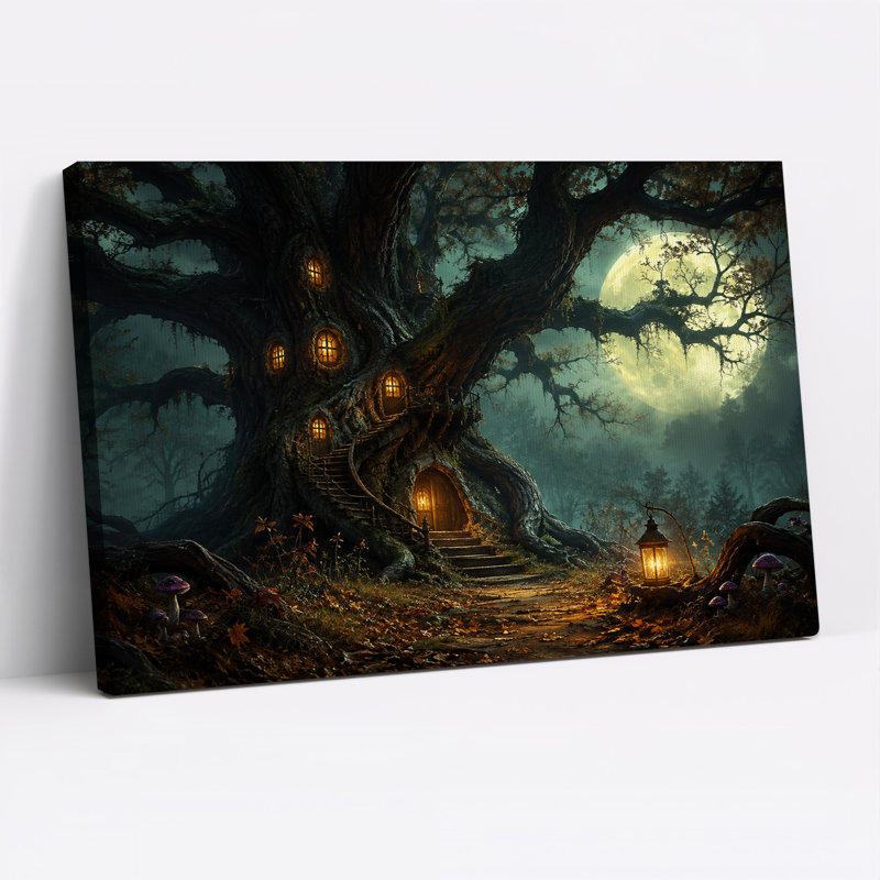 Art mural sur toile Magical Treehouse In Moonlit Forest, H 12 po x l 18 po