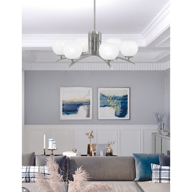 Lustre à 6 lumières Kurve illustré en finition graphite avec verre de marbre blanc de 5,75 po