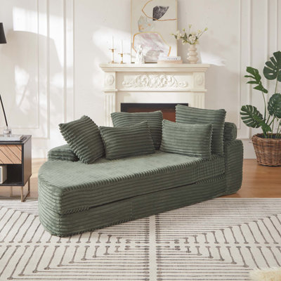 Canapé-lit semi-circulaire 78,5 pouces en velours côtelé 2-en-1 78 pouces, fauteuil inclinable design avec coussin pour le cou et cinq coussins décoratifs dans le salon