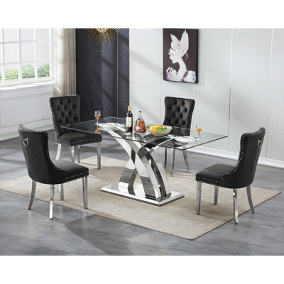 Glass Dining Table Set with Upholstered Dining Chairs, 70" Rectangle Kitchen Table and Chair Set, Clear Glass Dining Room Table Set, Modern Home Kitchen Furniture