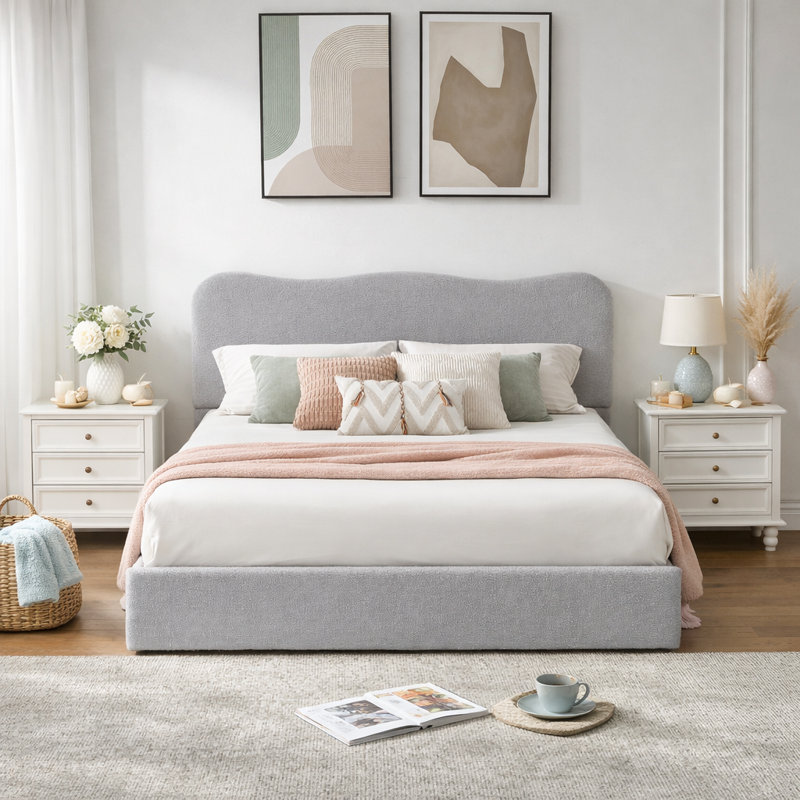 Lit plateforme avec rangement à 4 tiroirs Arusha Boucle, Double, Light Grey
