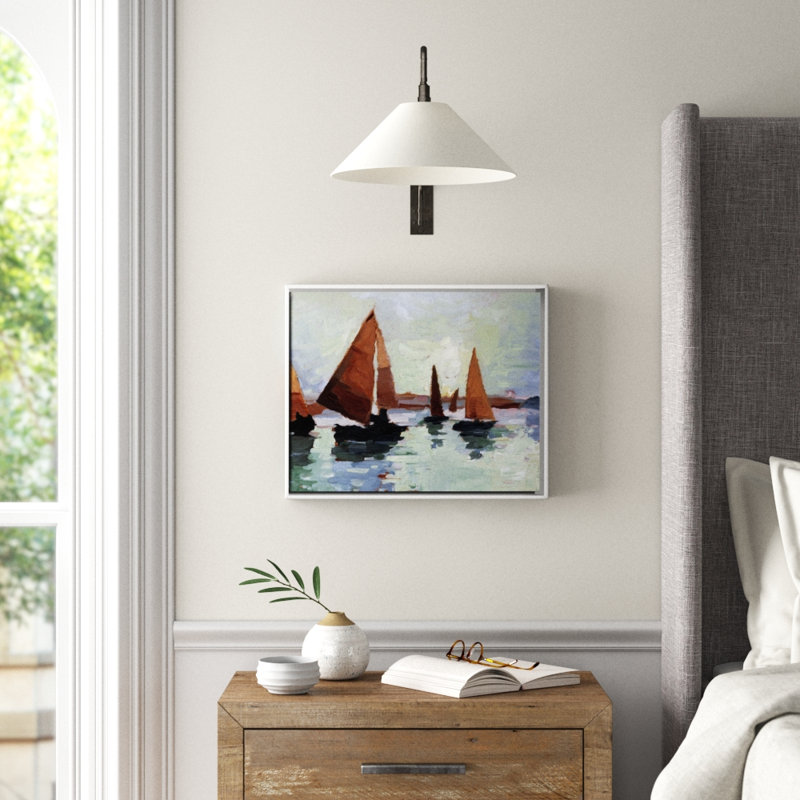«Sunset Harbor I», peinture sur toile, H 17,7 po x l 21,7 po x P 1,75 po, Cadre flottant blanc