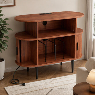 Walnut Wood Mid-Temperature Modern Round Turntable Rack with USB Charging for Record Storage