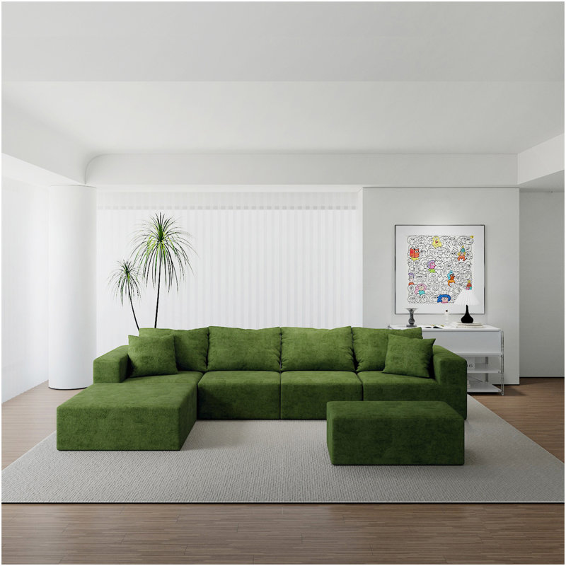 Convertible Modular Sectional Sofa Set Green Popular Microfiber Fabric Compression Sofa, 24" H x 132" W x 38.6" D, Green