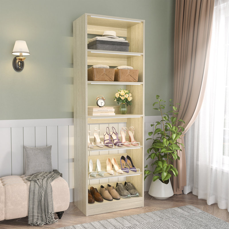 Akaylia Freestanding Closet Organizer With Adjustable Shoe Shelves, Washed Oak