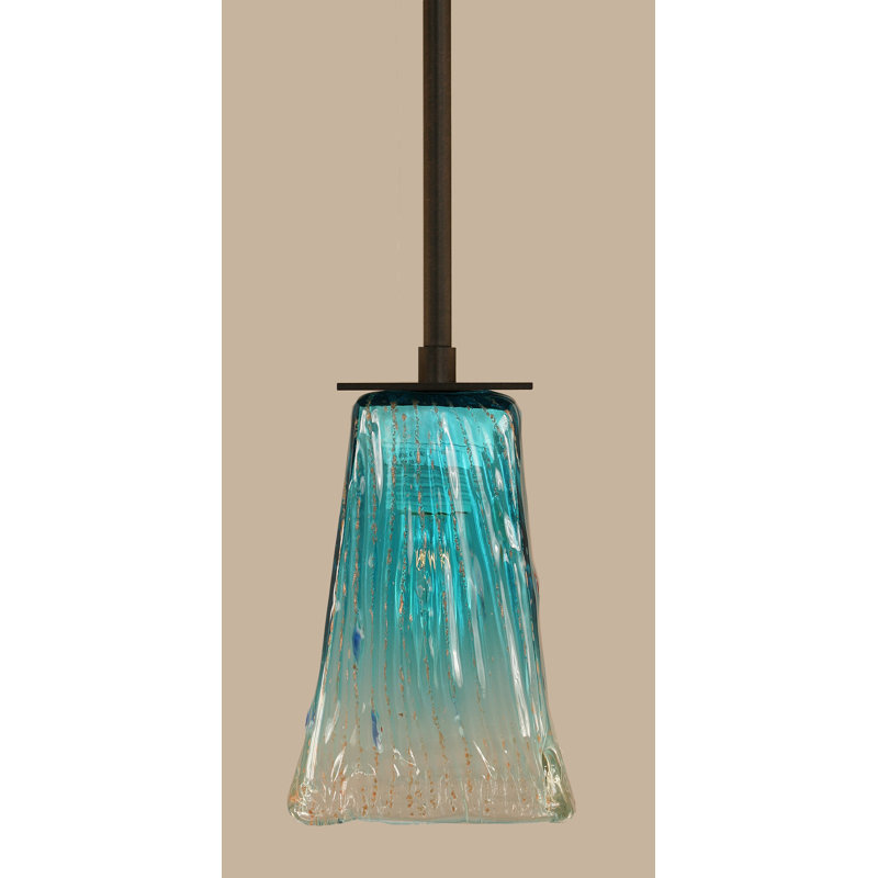 Quattrucci Stem Hung Mini Pendant Shown With 5" Square Crystal Glass, Dark Granite, Teal